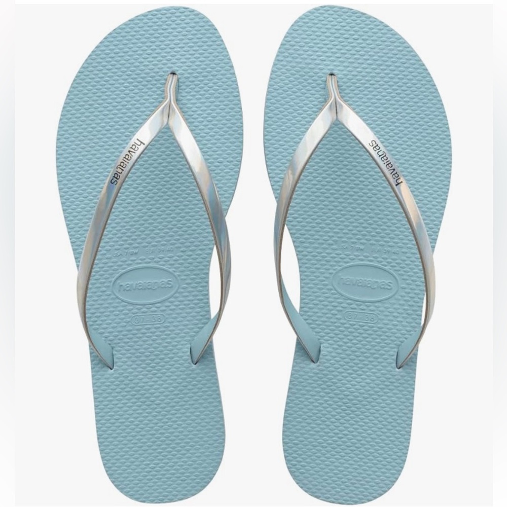 Havaianas Women's Silver Flip Flops with blue soles
